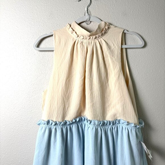 One One Six Dress Size S Blue Cream Tiered Open Back Tie Neck Boho Cottage - Picture 2 of 12